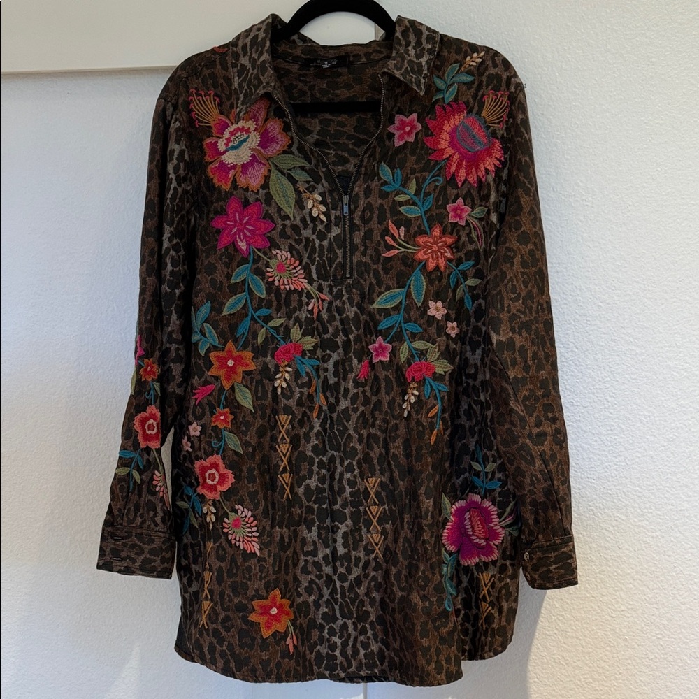 Johnny Was Multicolor Embroidered Leopard Blouse